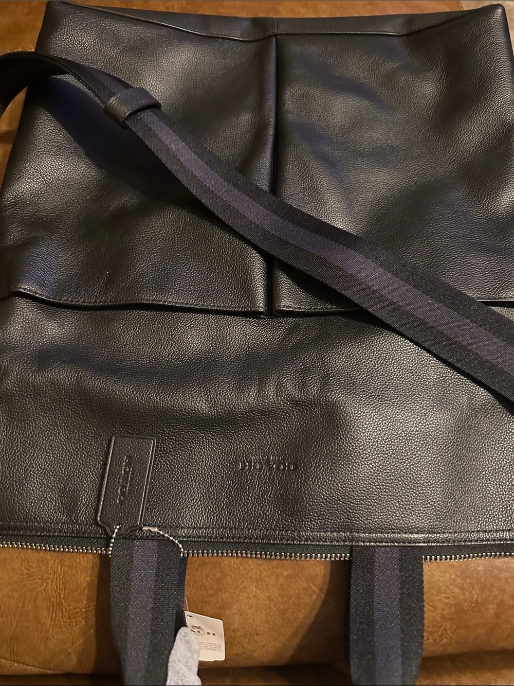 Black Leather Unisex Fold Over Tote with Dual Straps